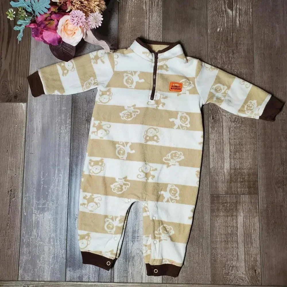 Child of Mine by Carter's Size 12M Beige and White Striped Fleece Baby Romper